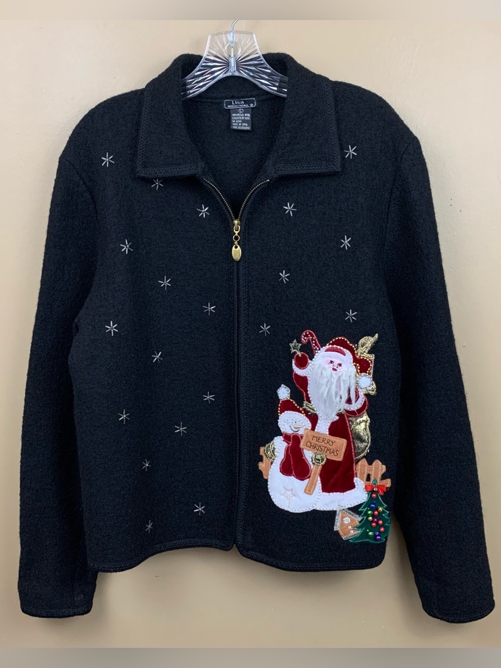 Lisa International Womens Large Black Boiled Wool Santa Snowman Zip Up Cardigan
